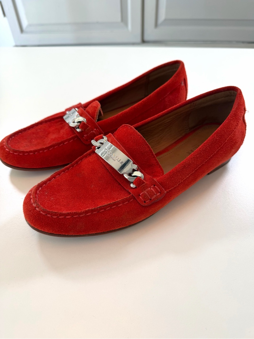 Coach Kimmie Tomato Red Suede Leather Loafers Silver Coach Logo Plaque 7.5